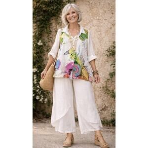 Simply Art by Dolcezza Floral Button-Up 3/4 Roll Up Sleeve Blouse Size M